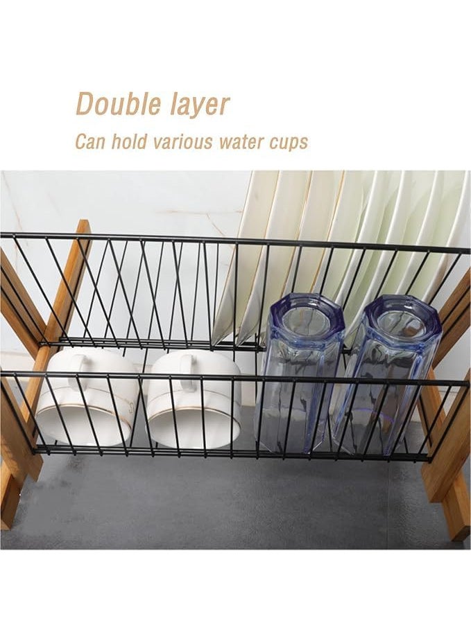 Orchid Wooden Dish Drying Rack 2 Tier, Bamboo Plate & Dish Organizer with Metal Wire Shelves, Kitchen Countertop Drying Stand, Space Saving Dish Drainer, Bamboo Kitchen Rack Dish Holder - Image 4